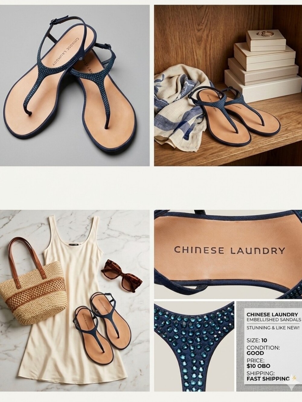 Chinese Laundry Navy Rhinestone T-Strap Flat Sandals